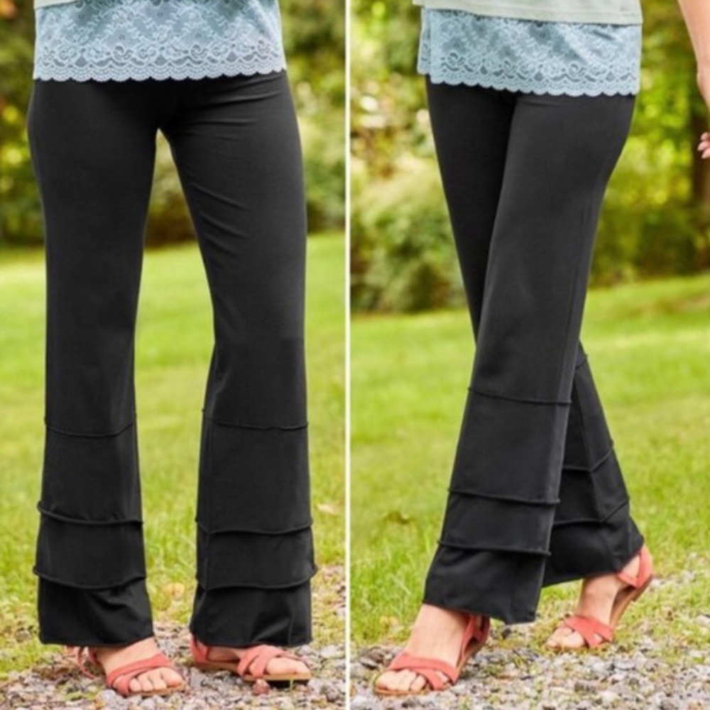 Matilda Jane Tutti Frutti Black Flare Tiered Ruffle Cotton Yoga Pants Size Large